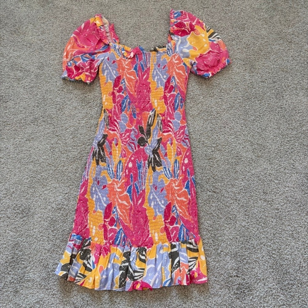 Maaji Clarissa Mini Dress Womens S Pink Tropical Ruched Smocked Resort Vacation - Picture 6 of 7